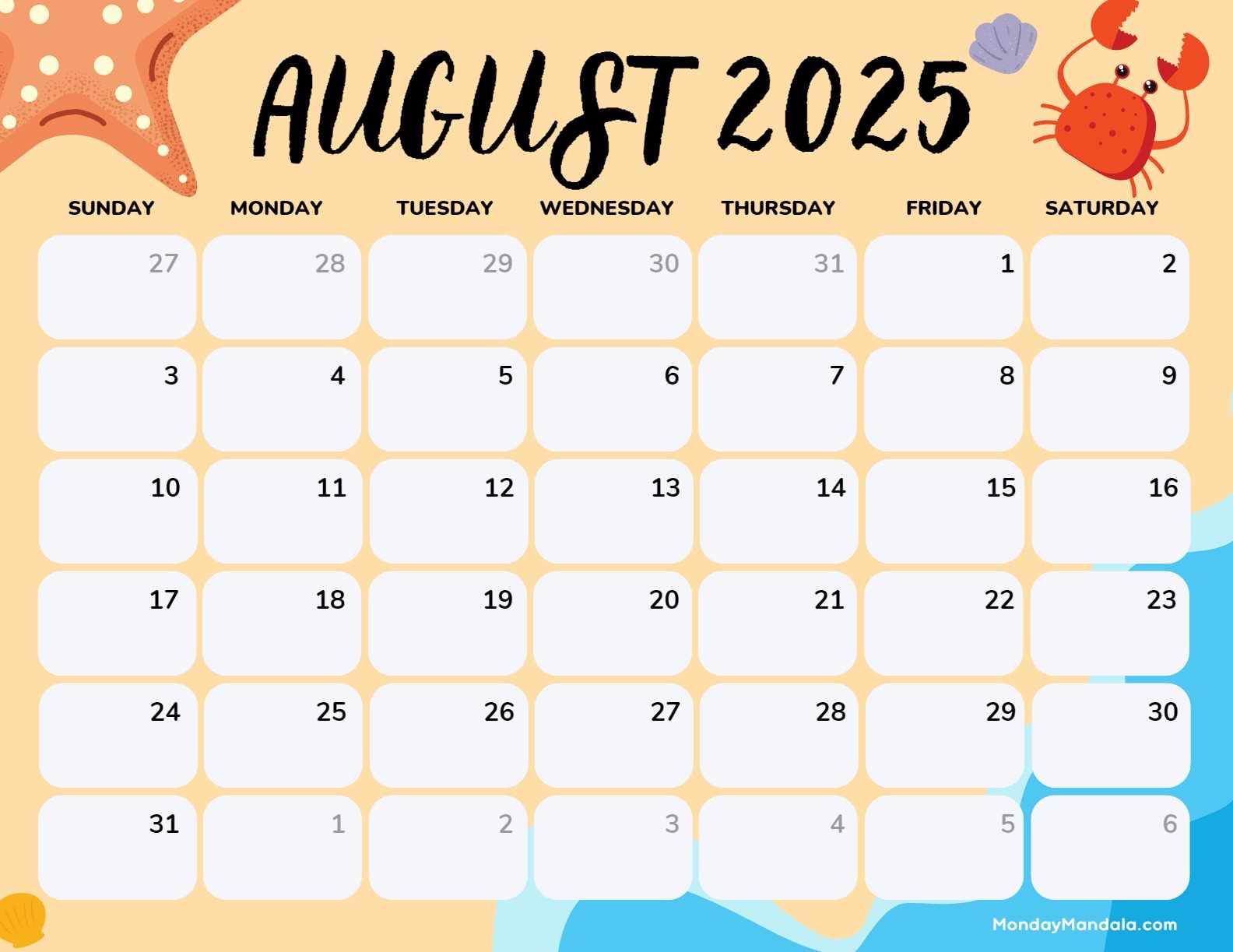 monthly calendar template august 2025