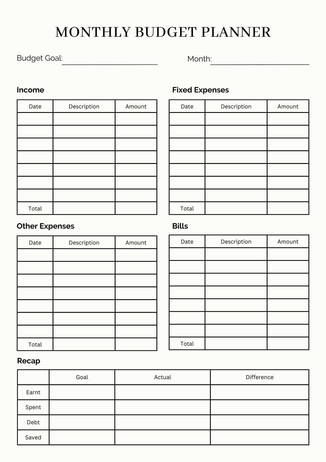 monthly calendar template free download