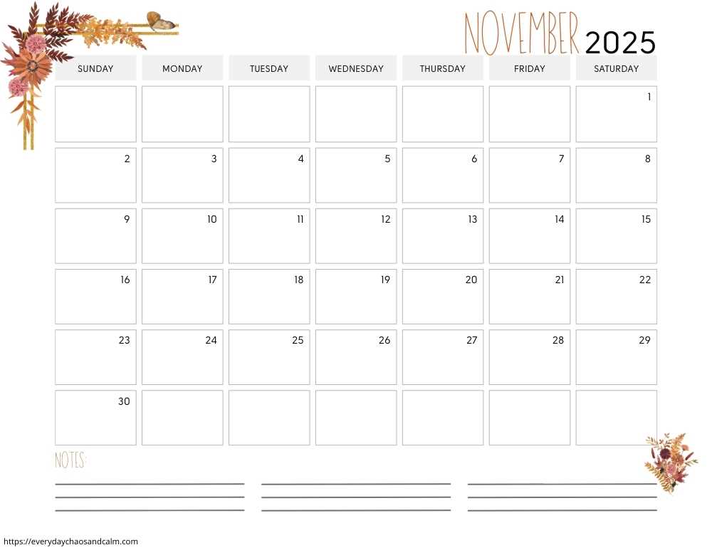 monthly calendar template november 2026