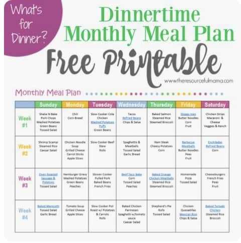 monthly menu calendar template