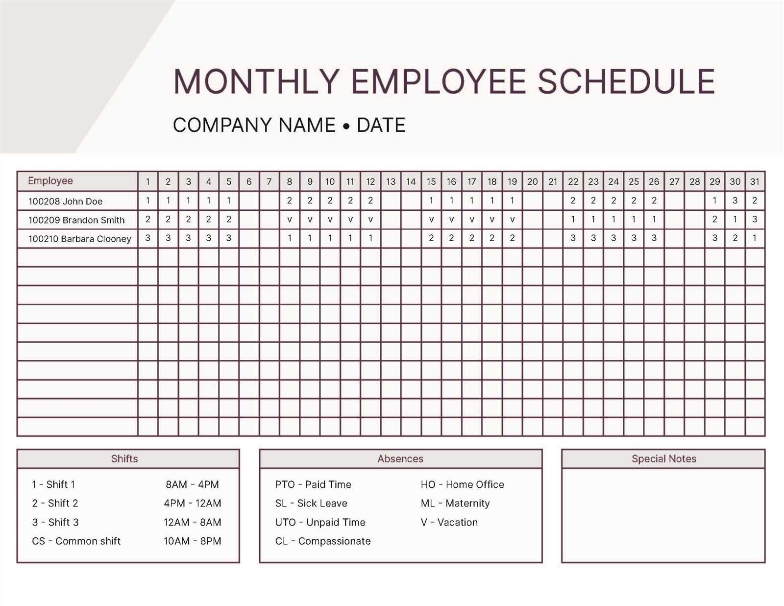monthly shift calendar template