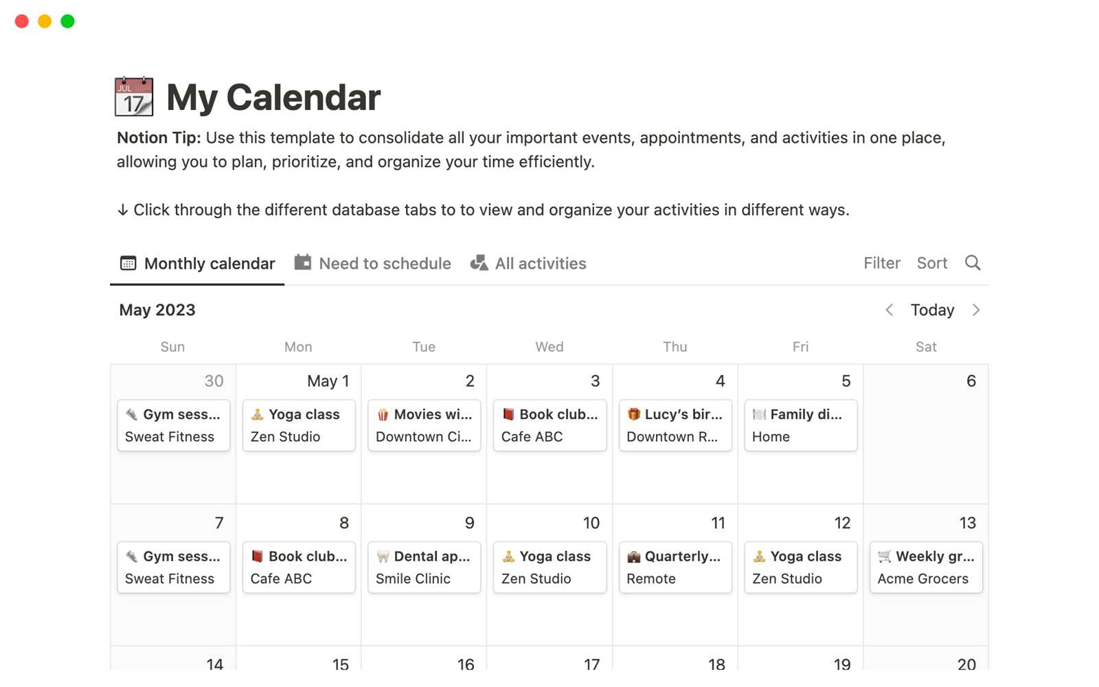 monthly task calendar template