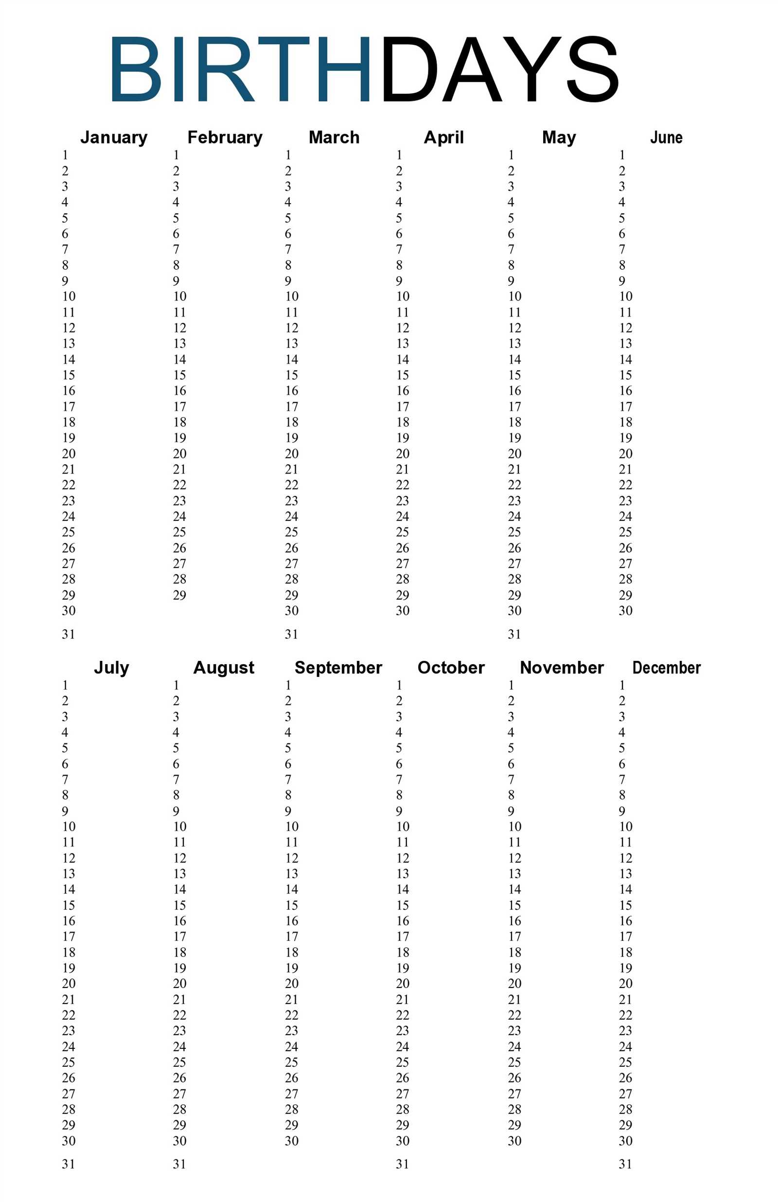 office birthday calendar template