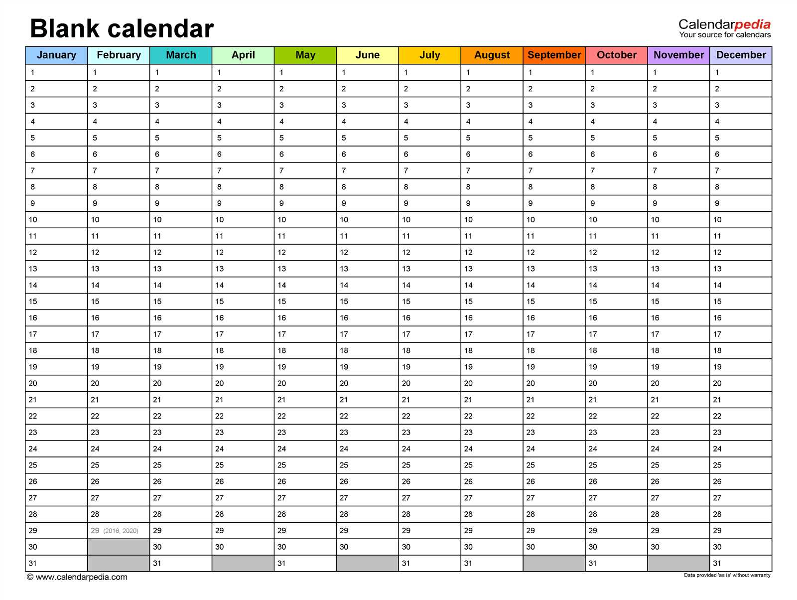 one page yearly calendar template