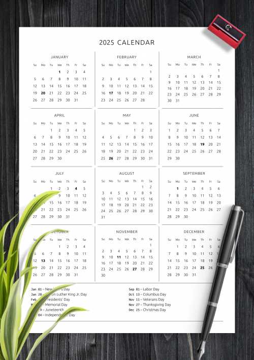 one page yearly calendar template