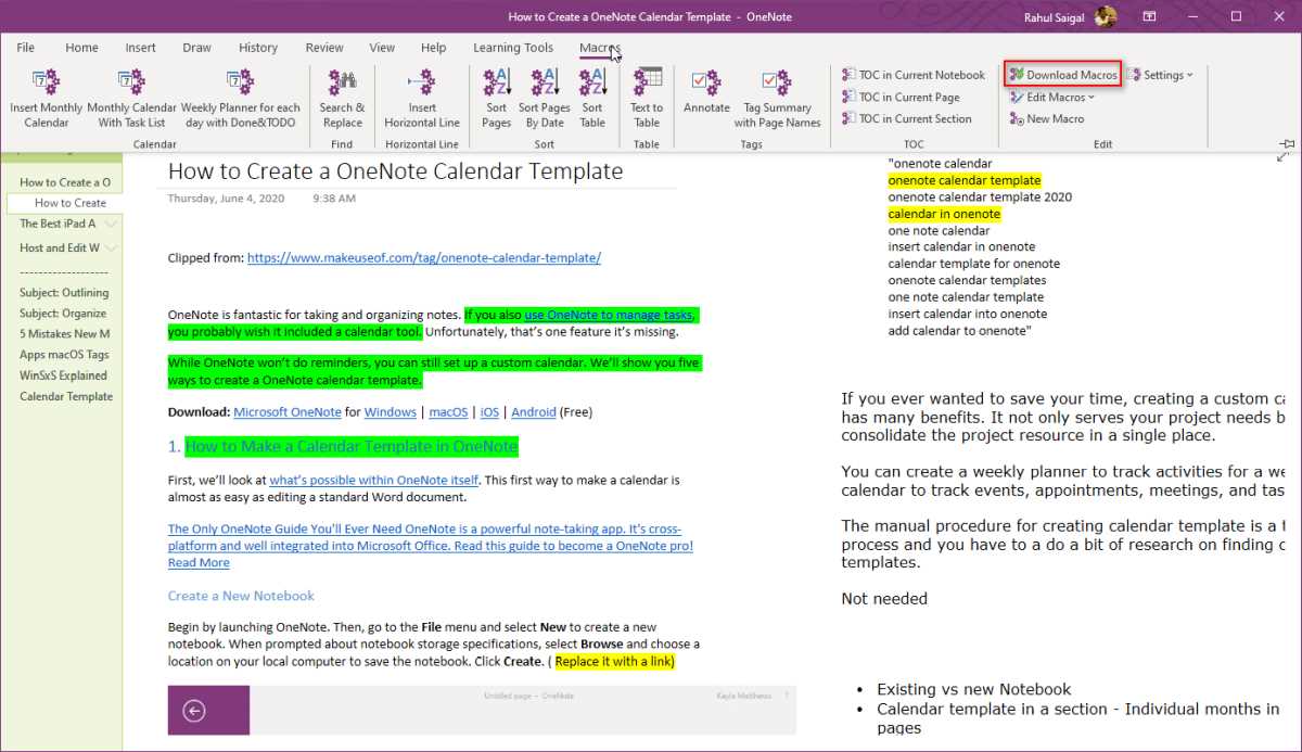 onenote calendar template