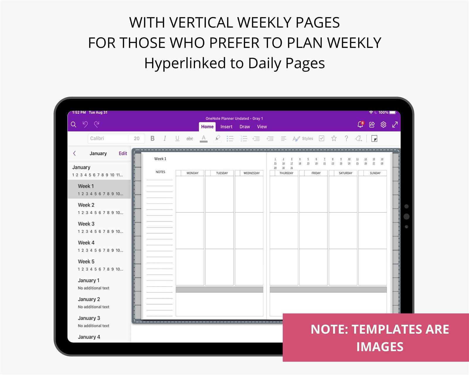 onenote calendar templates