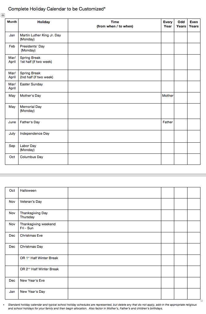 parenting time calendar template