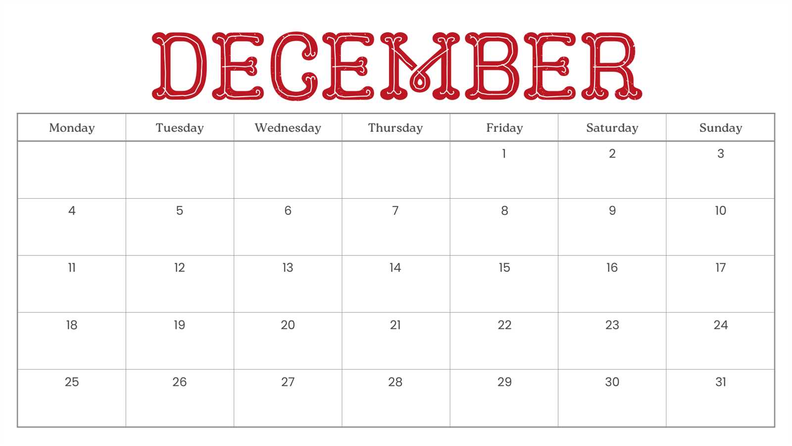 printable december calendar template