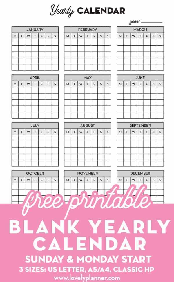 printable yearly calendar template