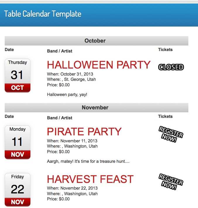 restaurant event calendar template