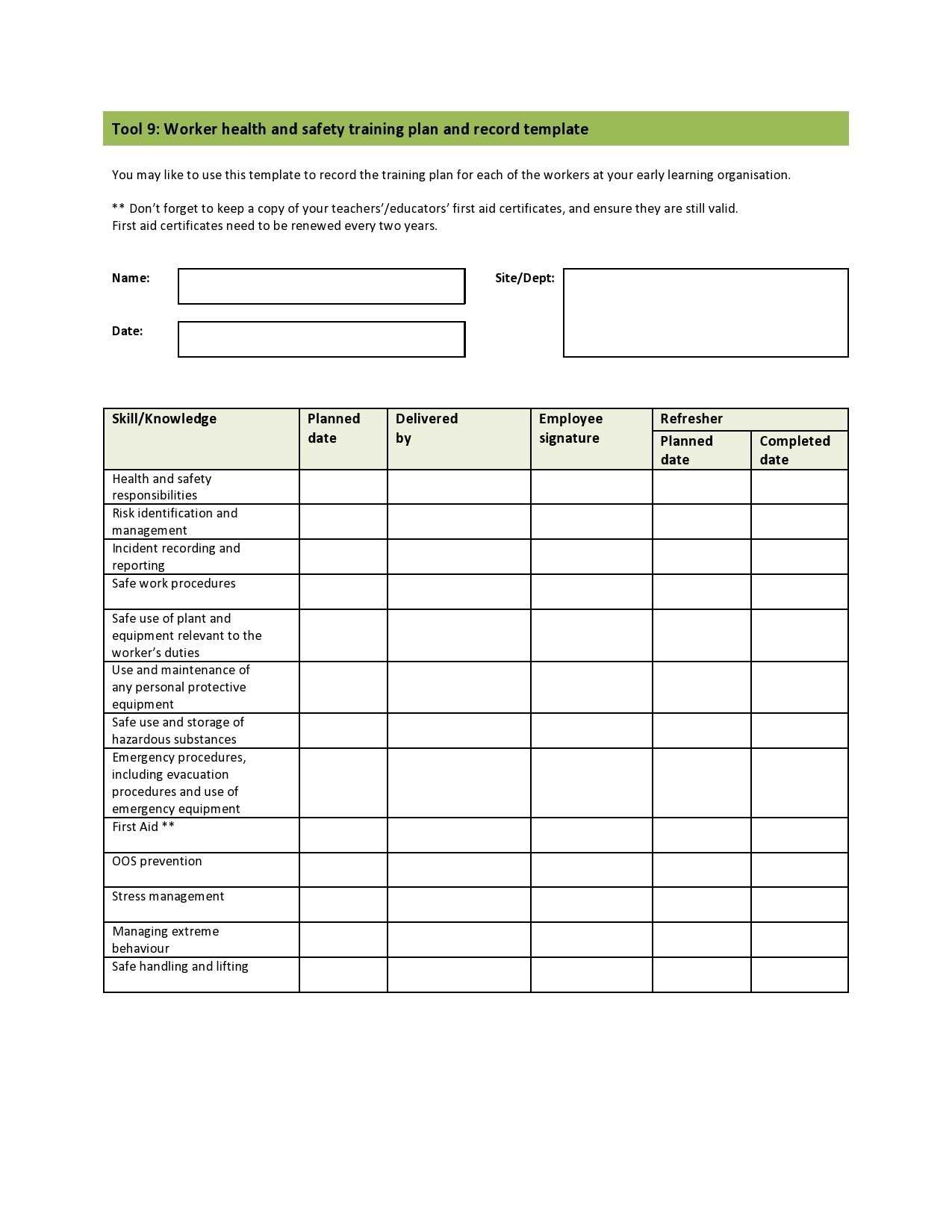 safety training calendar template