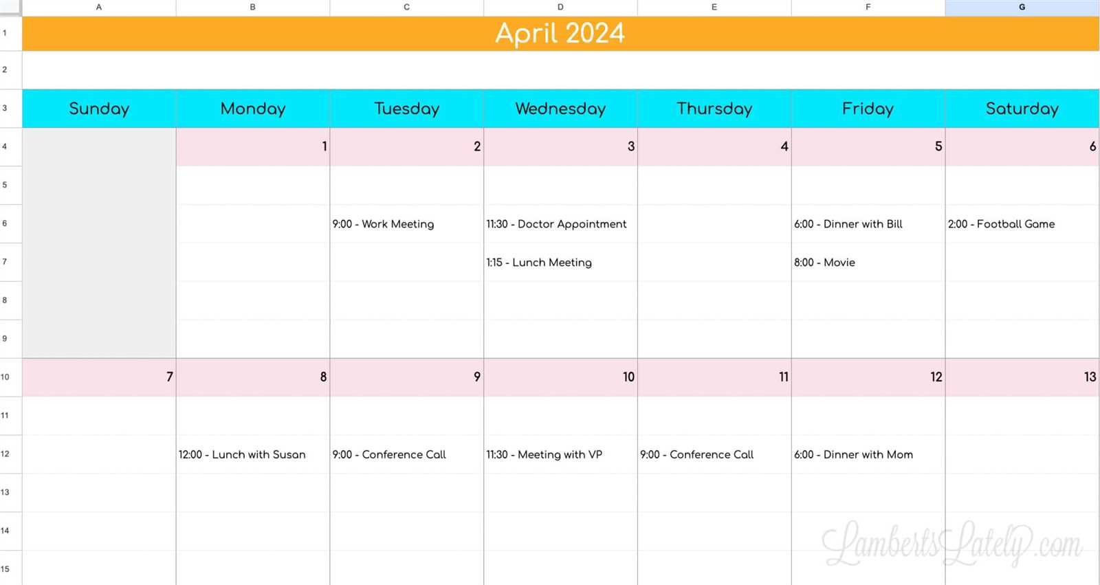 sheets template calendar