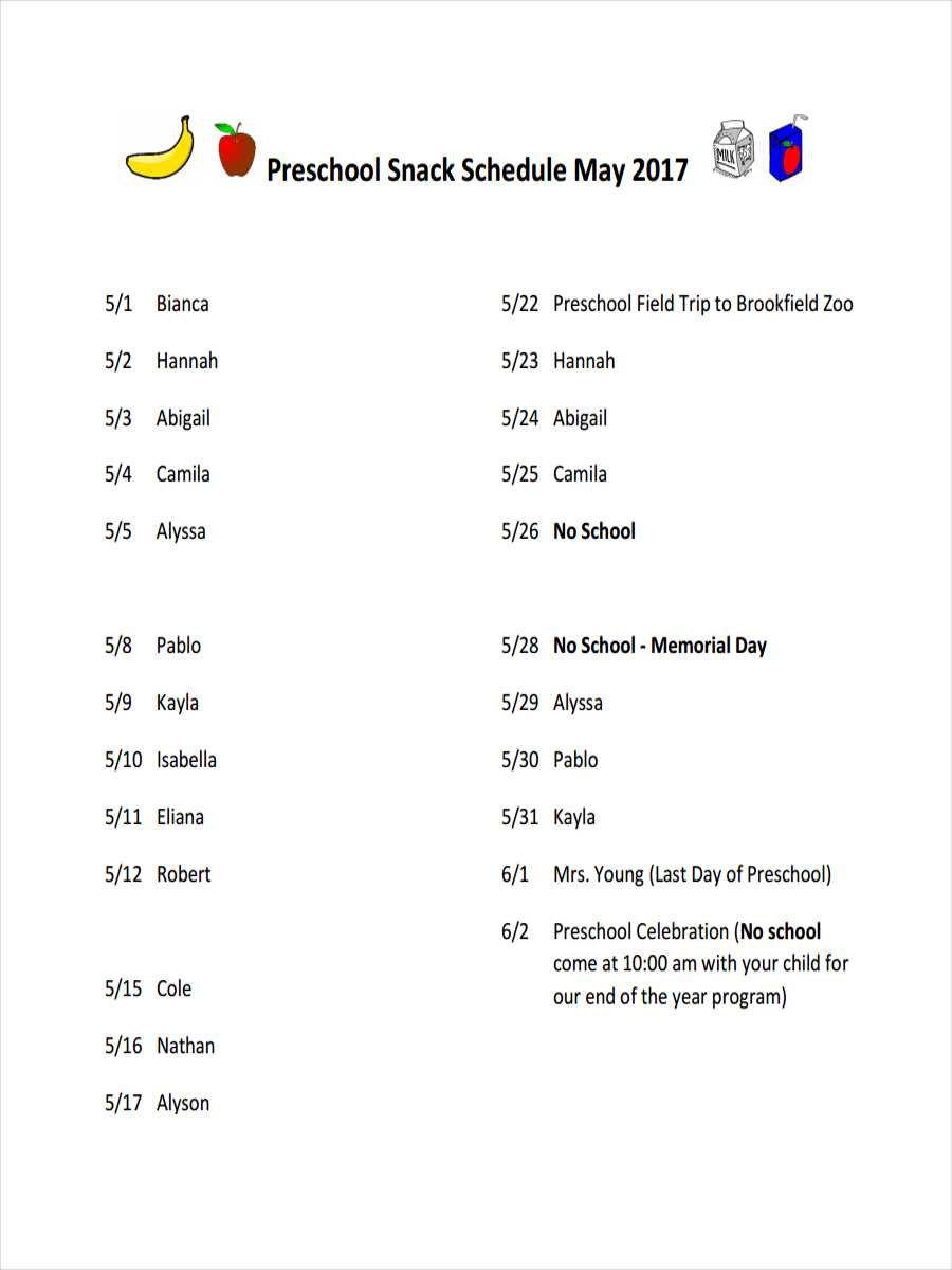 snack calendar template kindergarten