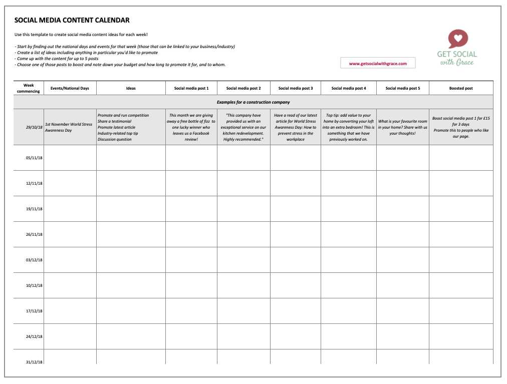 social media content calendar free template