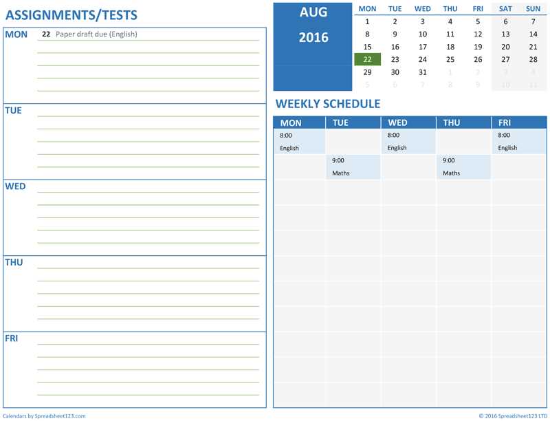 student calendar template