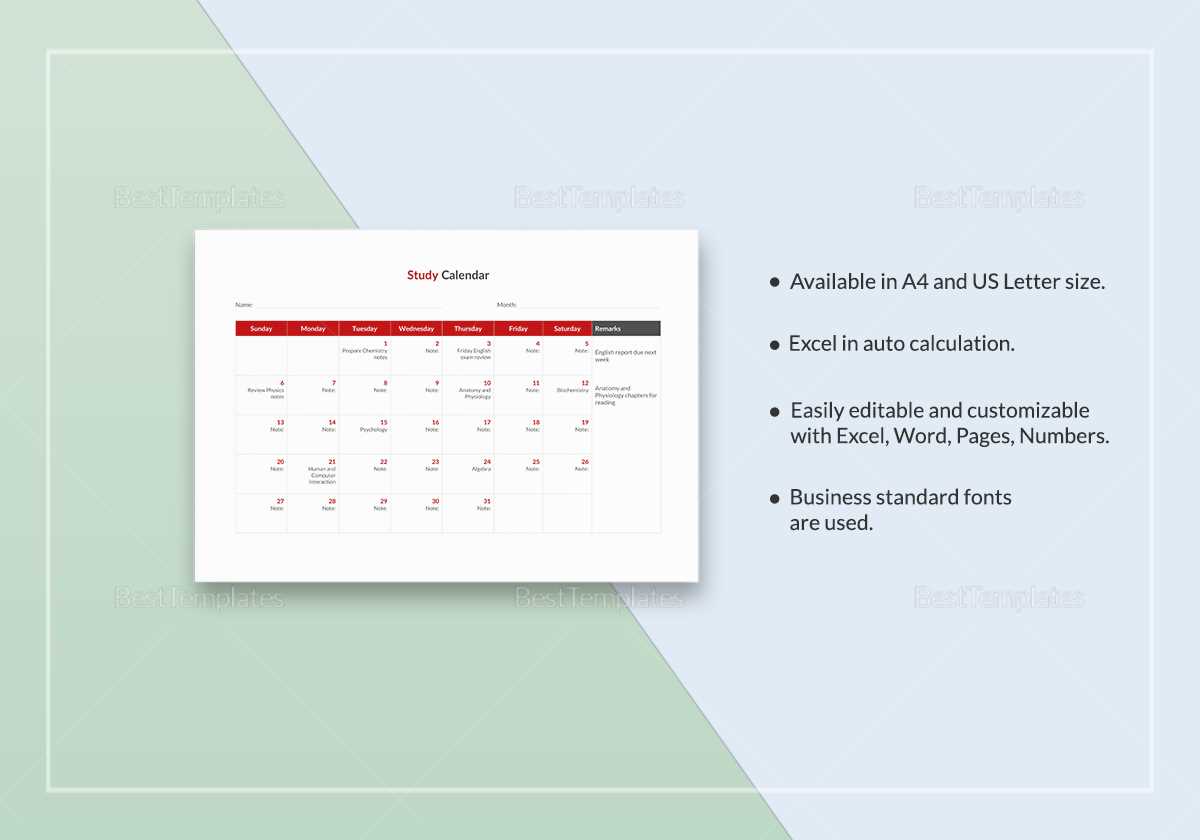 study calendar template