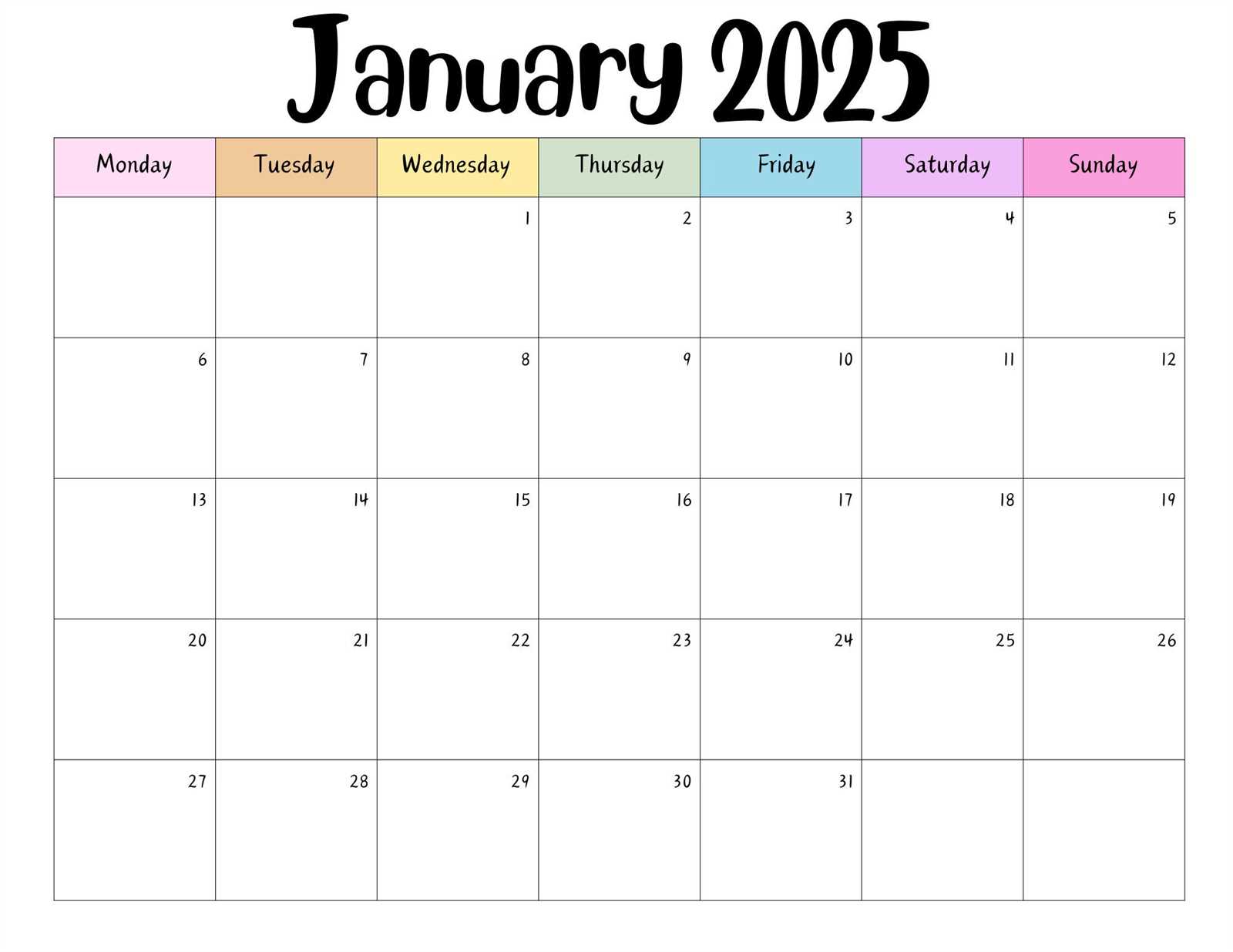 template calendar january 2025