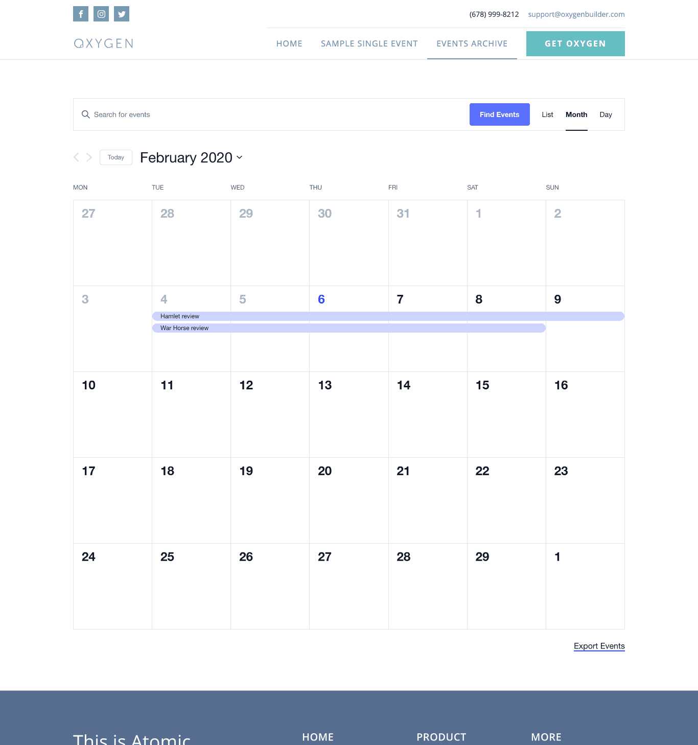 the events calendar page template