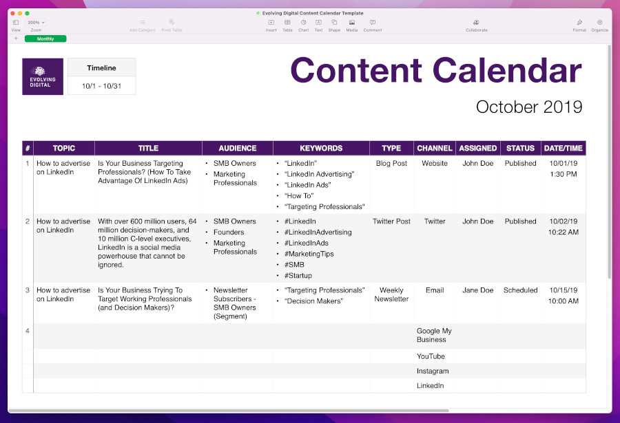 website content calendar template