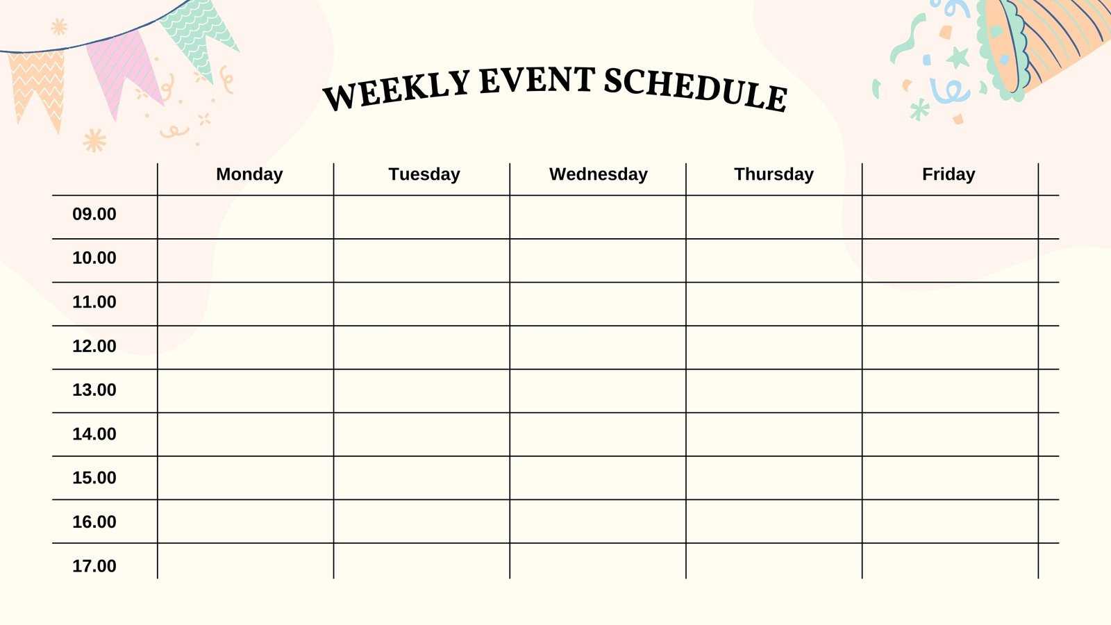 weekly calendar of events template