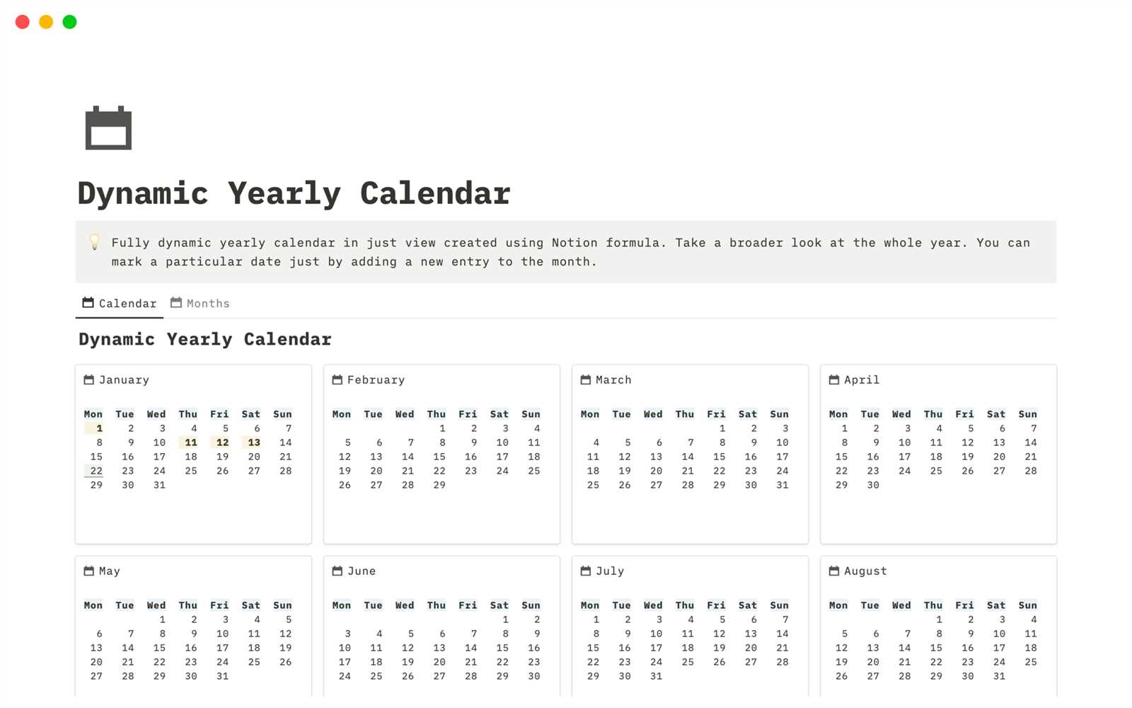 whole year calendar template