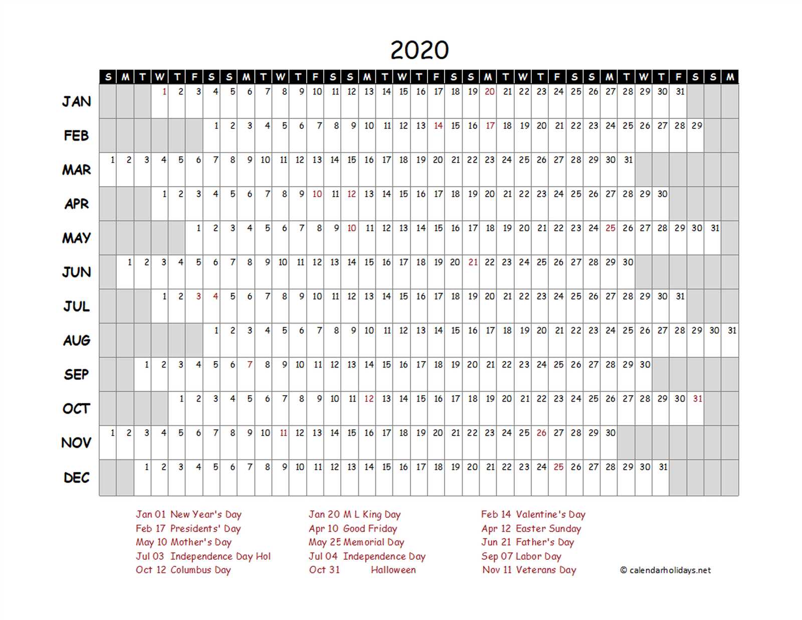 whole year calendar template