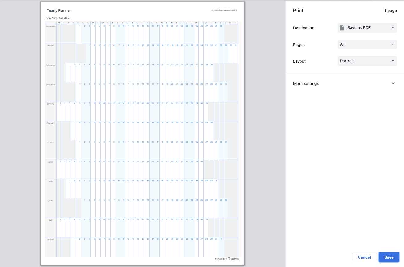 year to view calendar template