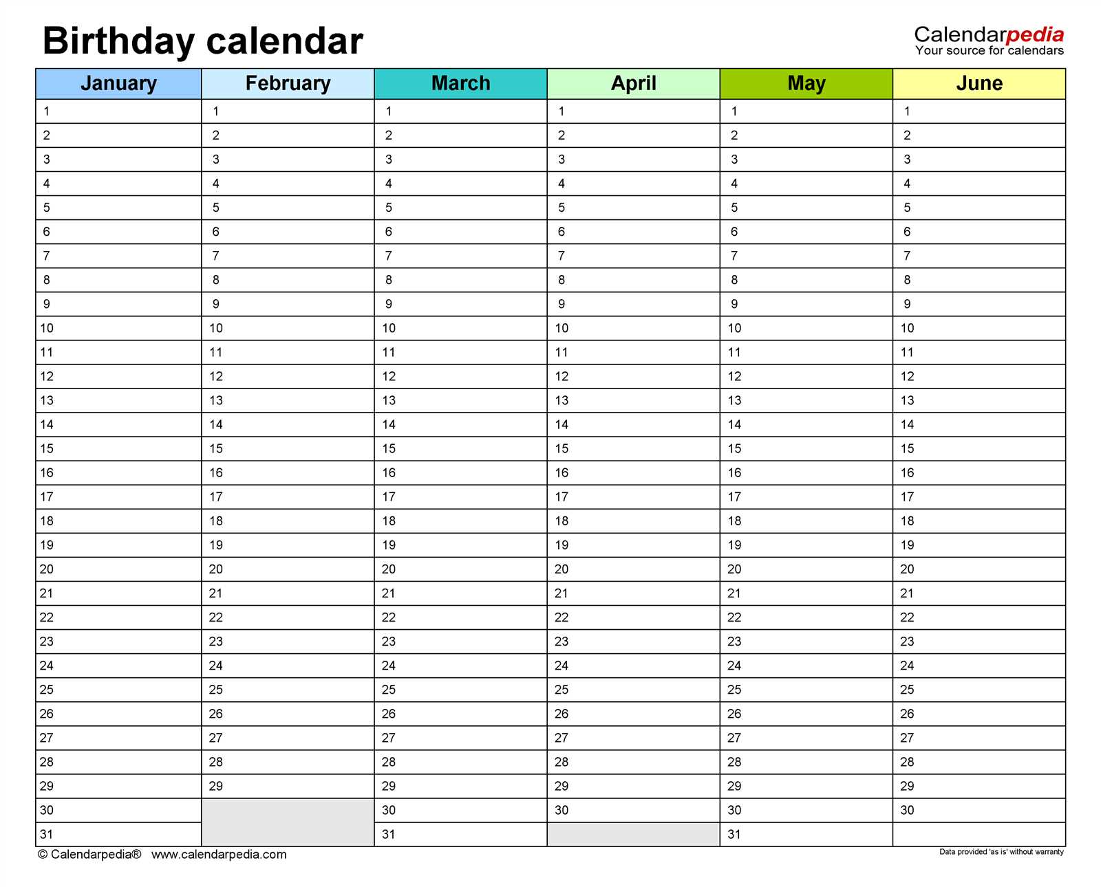 yearly birthday calendar template free