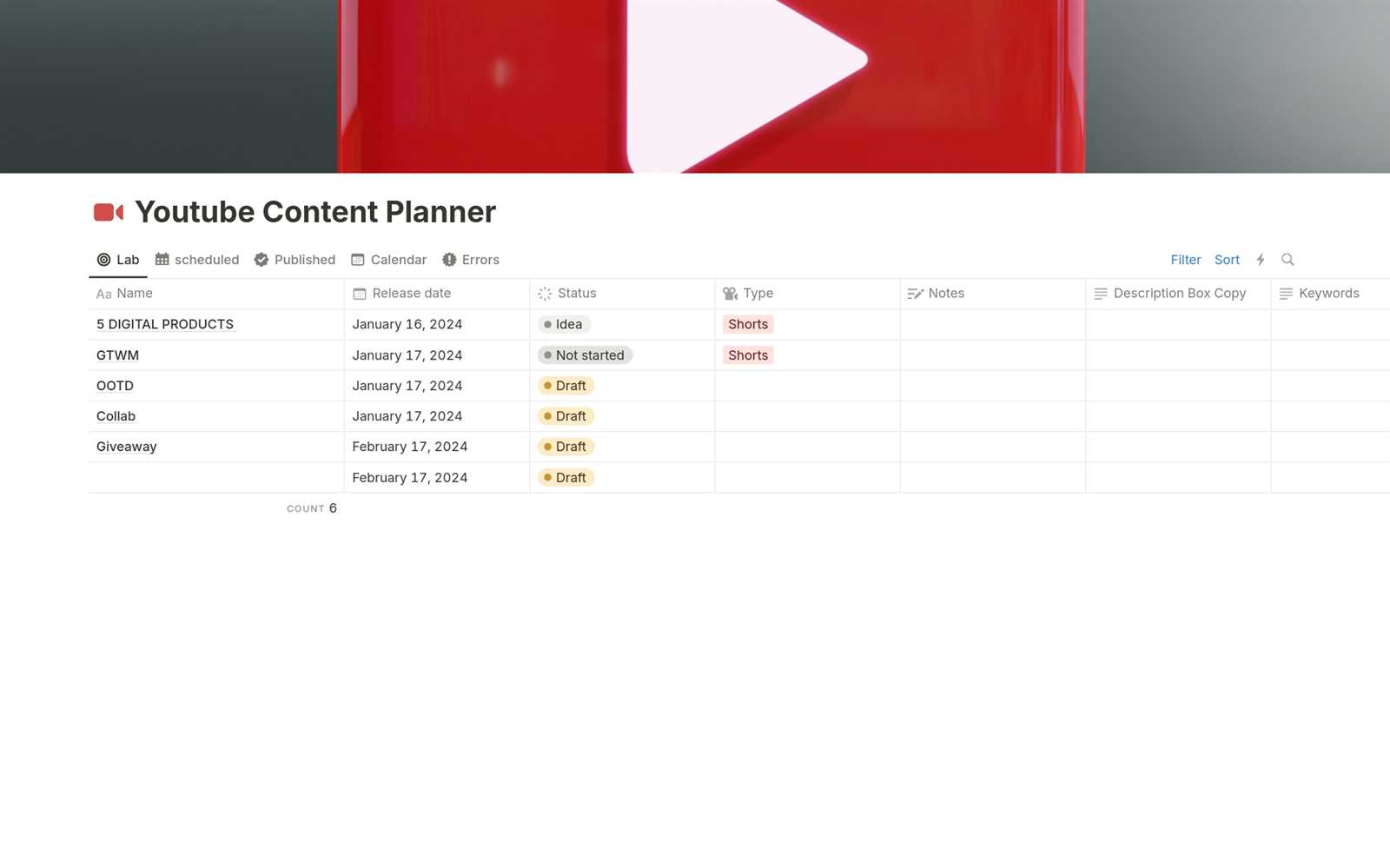 youtube content calendar template free