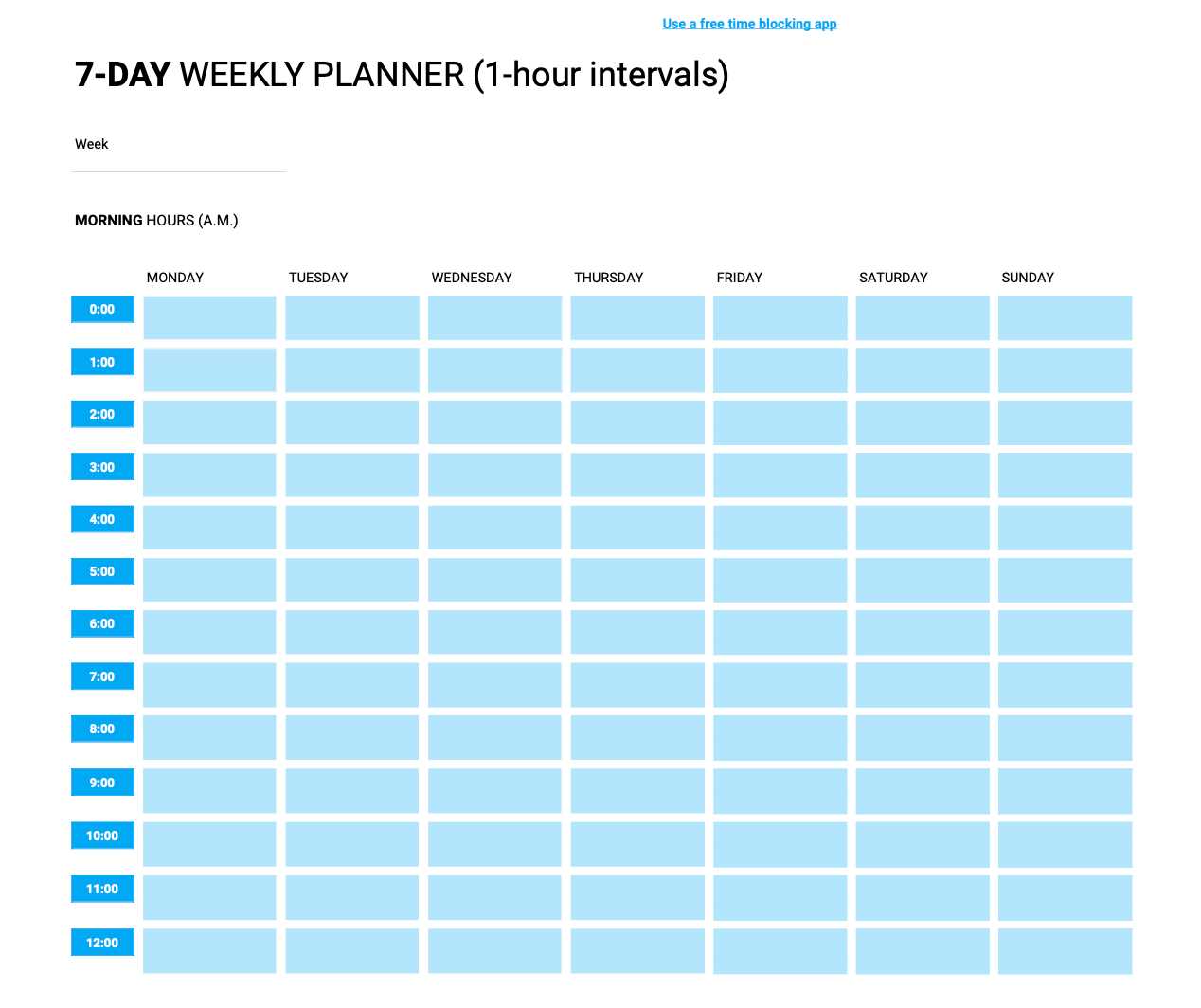 work week hourly calendar template