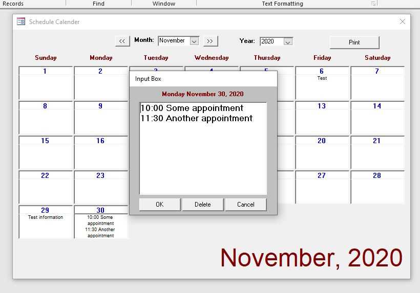 access database calendar template