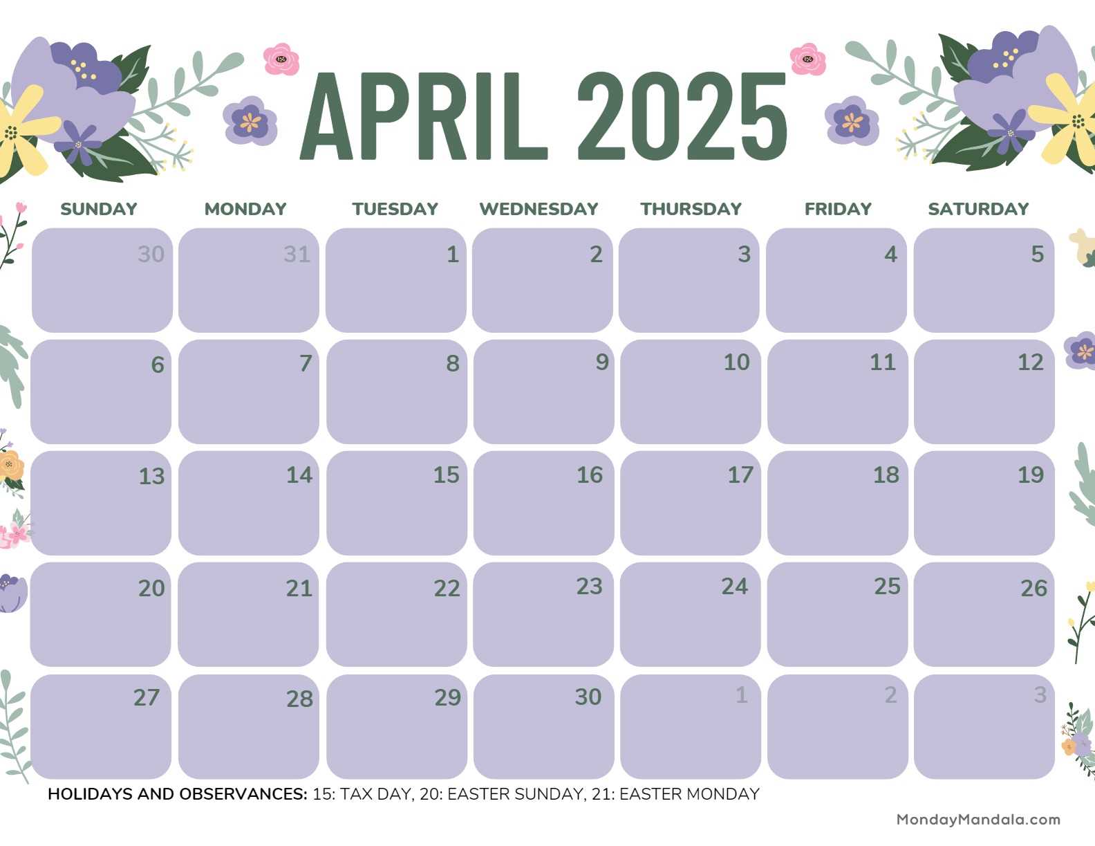 2025 april calendar template