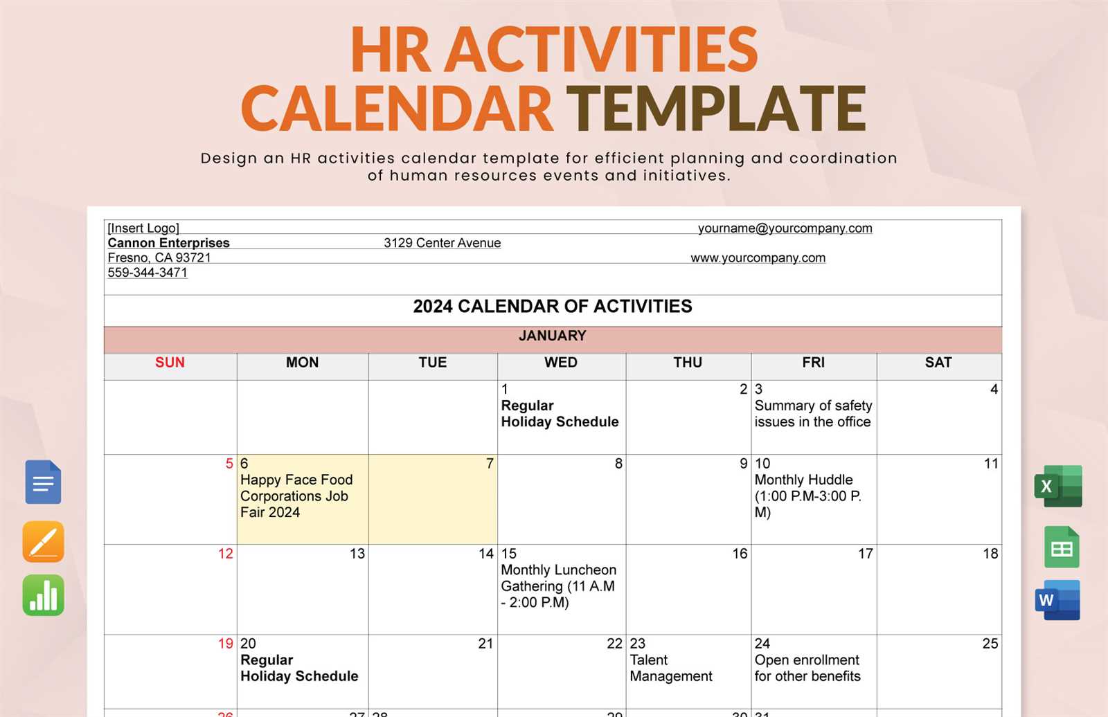 activities calendar template