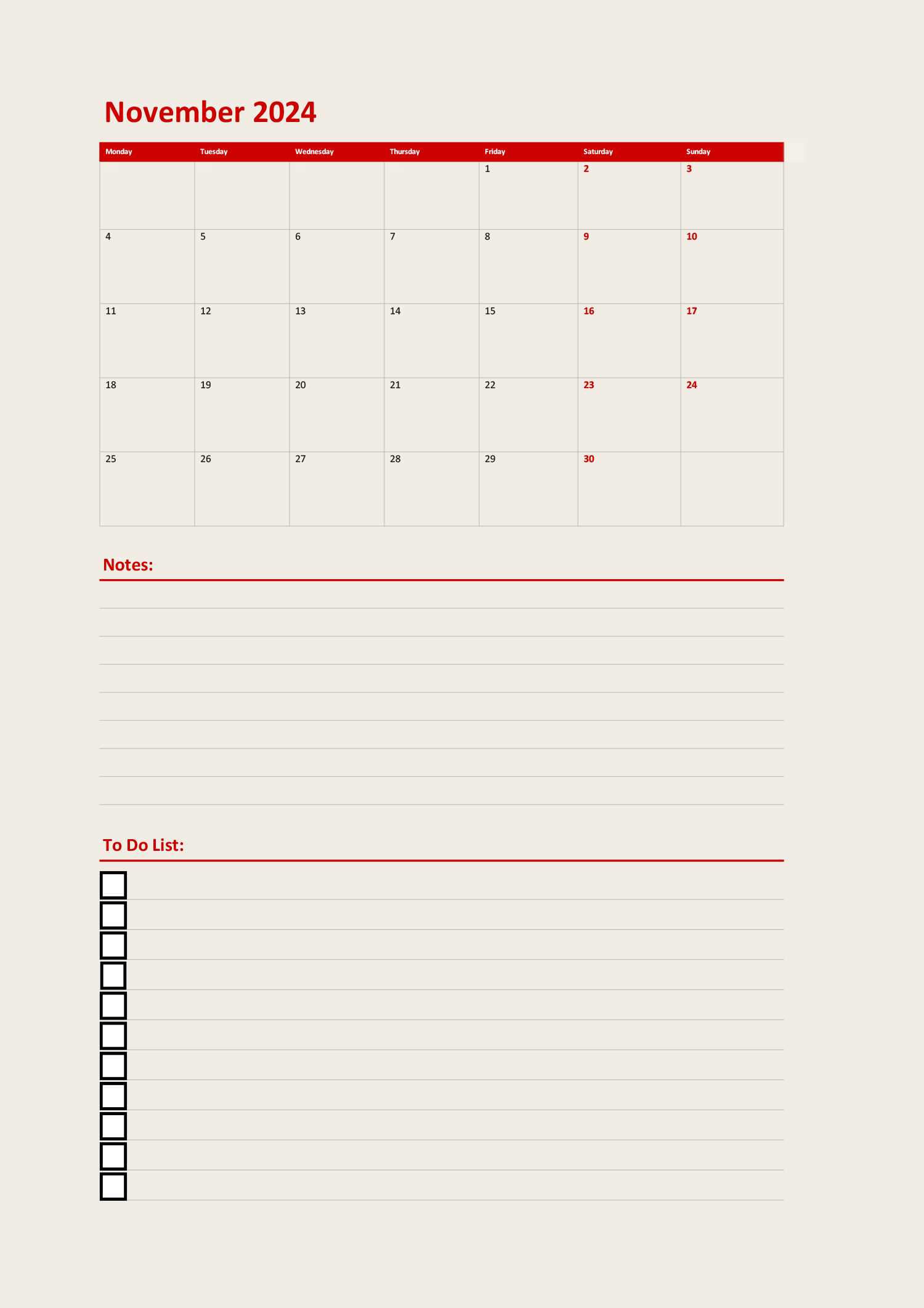 november calendar template free