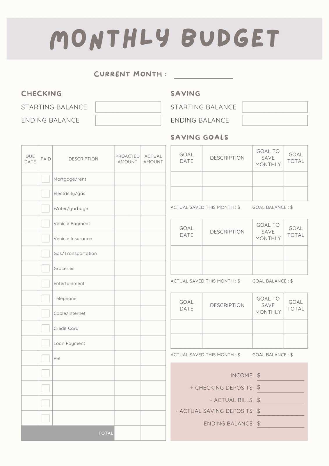 monthly calendar budget template