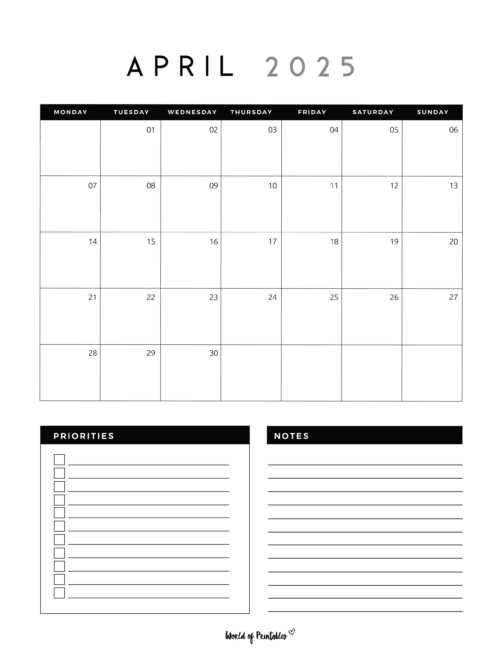 april 2025 blank calendar template