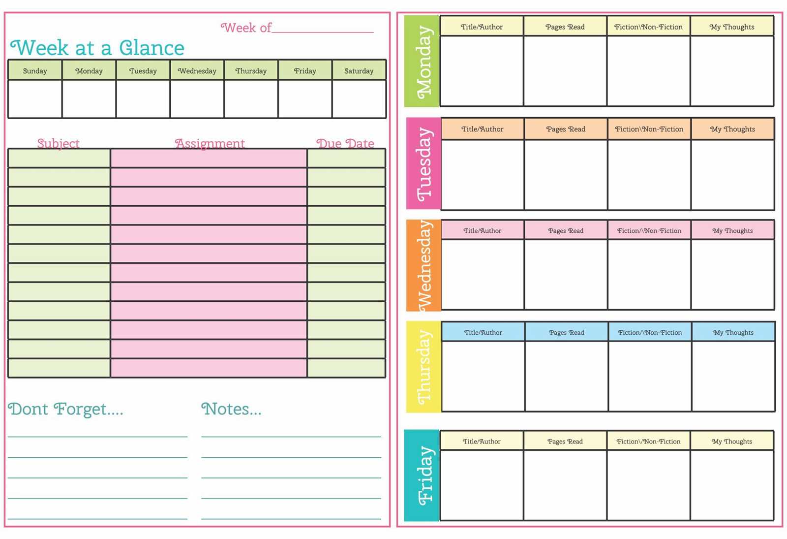 assignment calendar template