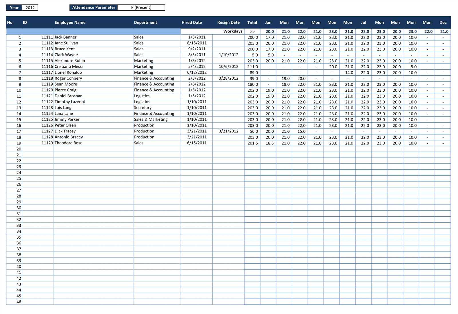 attendance calendar template