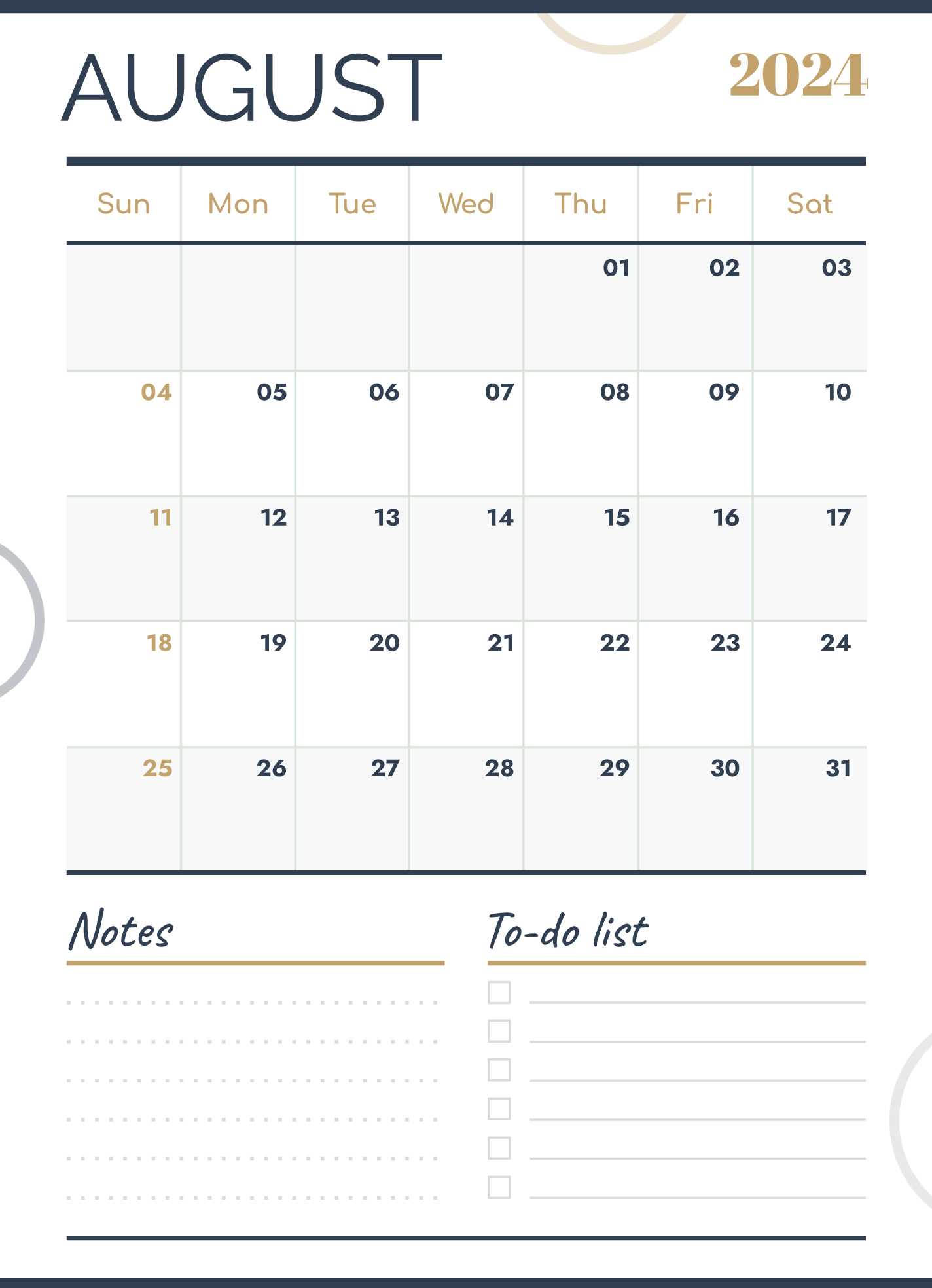 august month calendar template