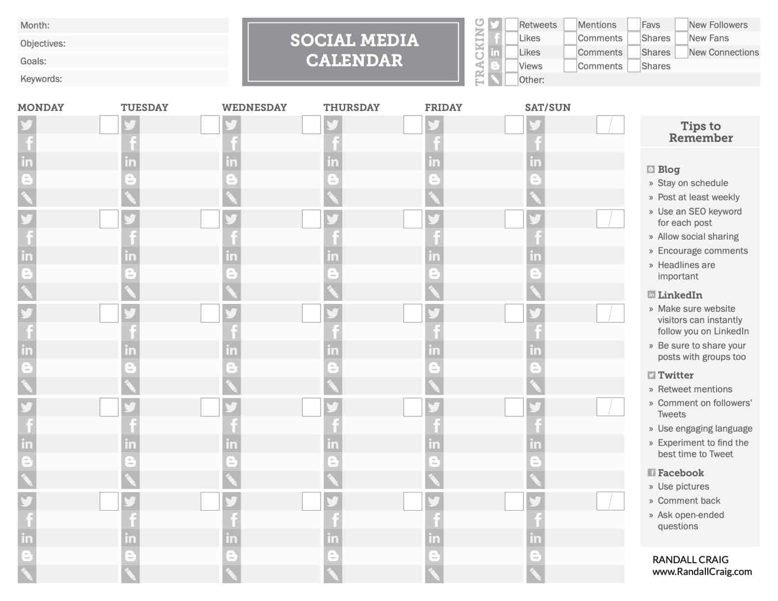 printable social media calendar template