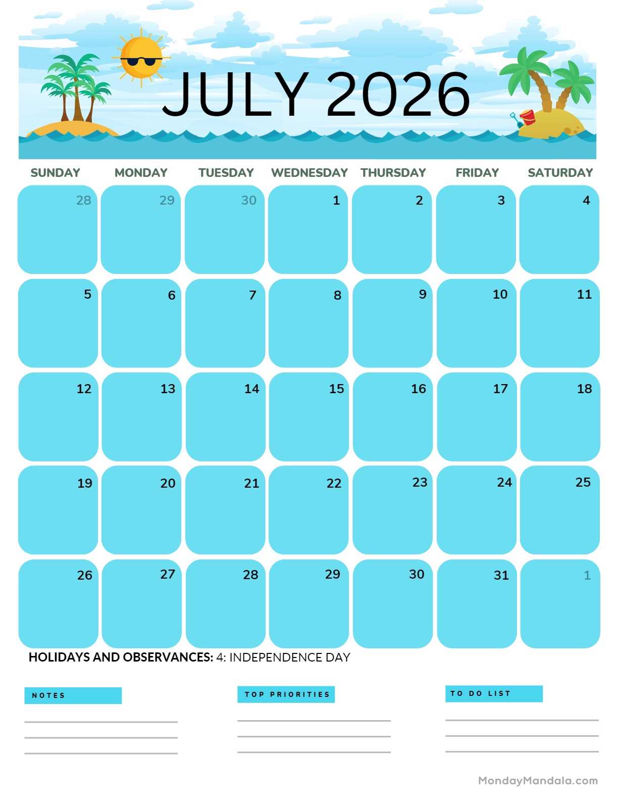 july blank calendar template