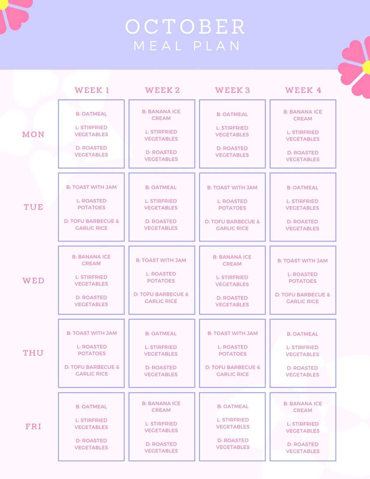 monthly menu calendar template