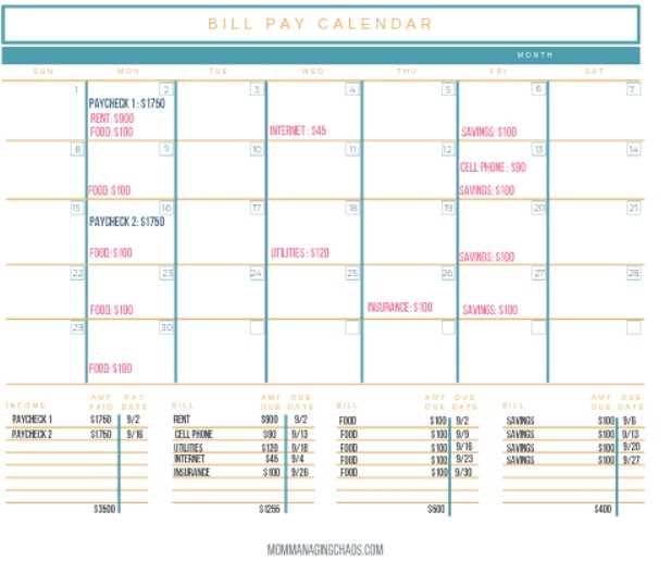 bill payment calendar template