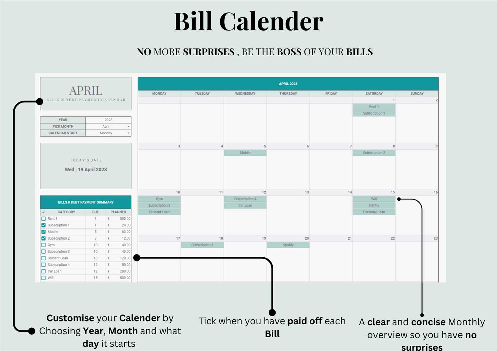 bills calendar template