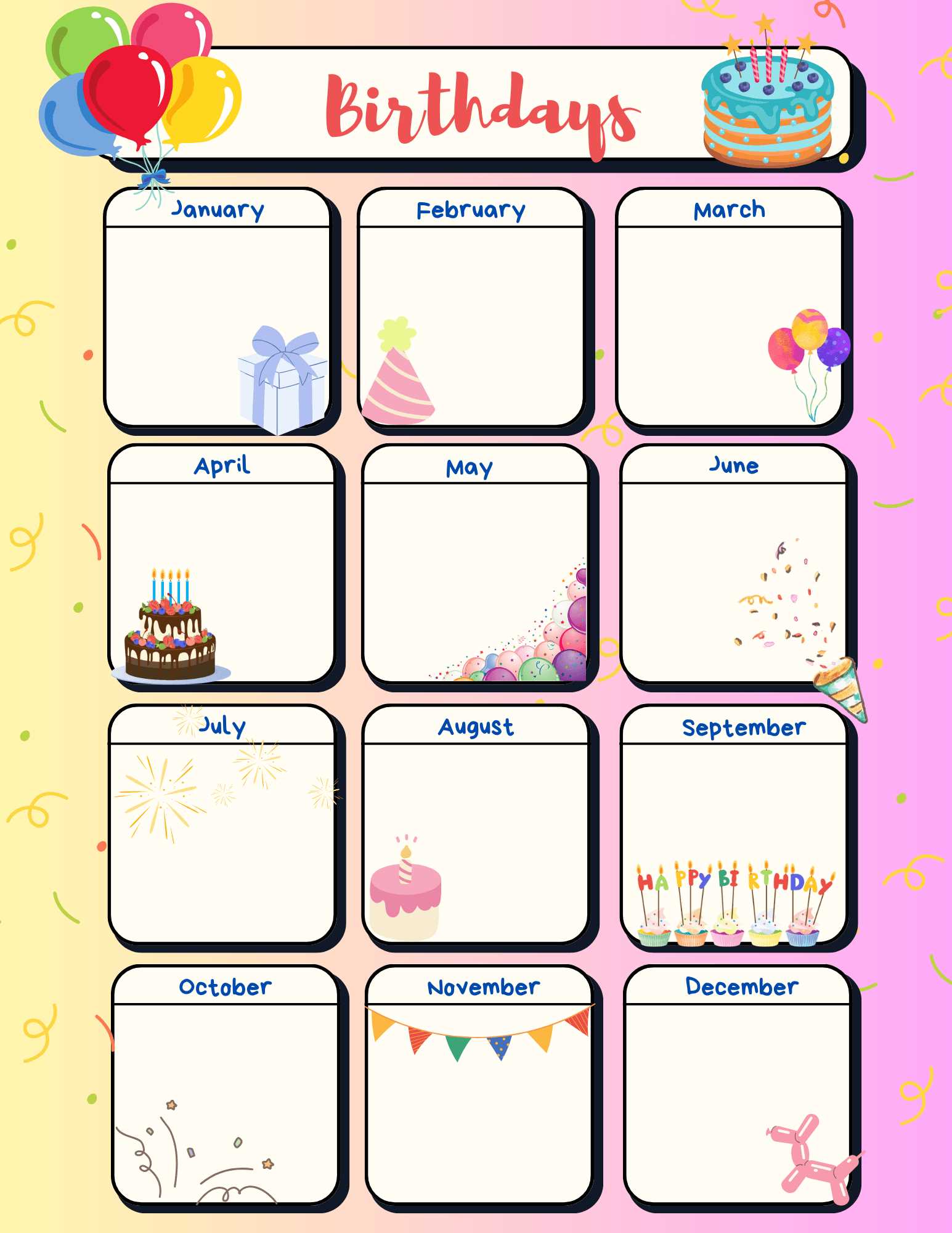 birthday calendar template for office