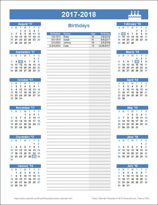 birthday calendar template free download