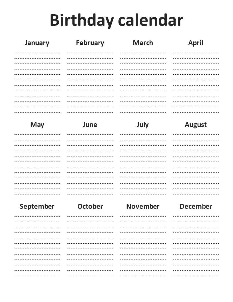 birthday calendar template free printable