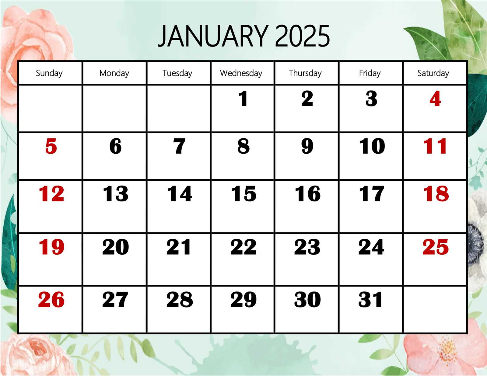 blank calendar template 2026 january