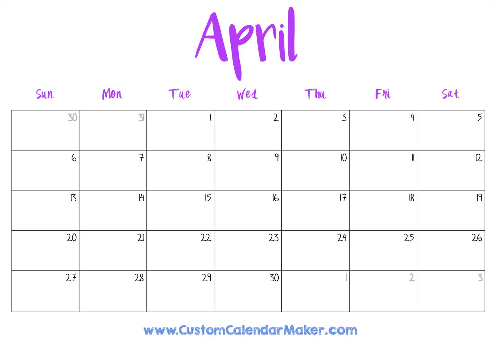 blank calendar template april